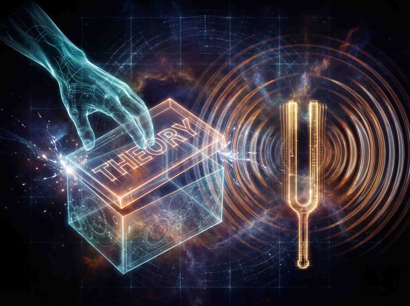 On the left, a hand slamming a lid labeled 'THEORY' onto a box. On the right, a vibrating tuning fork with concentric waves disrupting the lid.