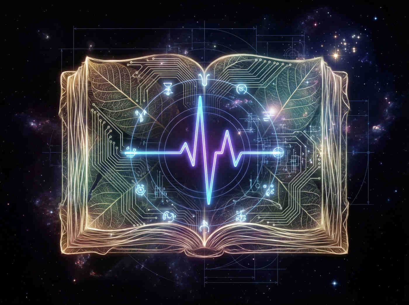 An open, ancient-looking book or scroll, its pages made of circuit boards and organic leaf veins. Text flows like light. The central diagram is a heartbeat sine wave (the Métron).