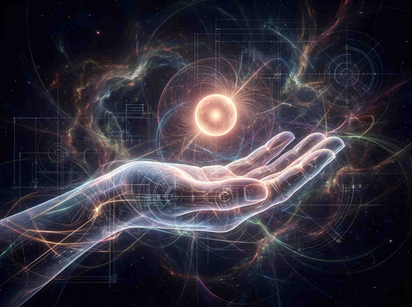 A human hand held open, palm up. Above it, a single, glowing Clektal Flower (a tiny, perfect orb of light) rests, as if offered or just received.